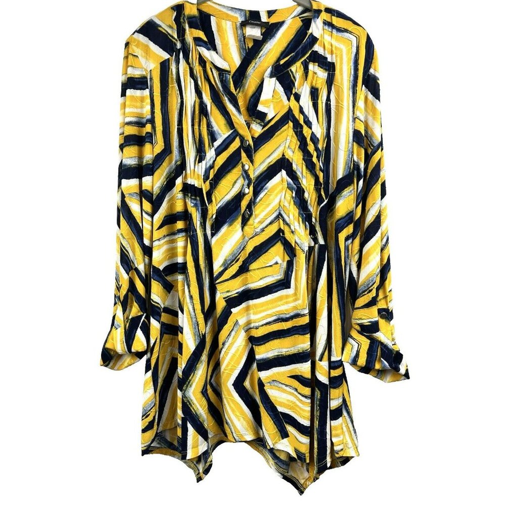 Cocomo's Women's Top Size Large Yellow Blue Asymmetrical Hemline Stretch Slinky